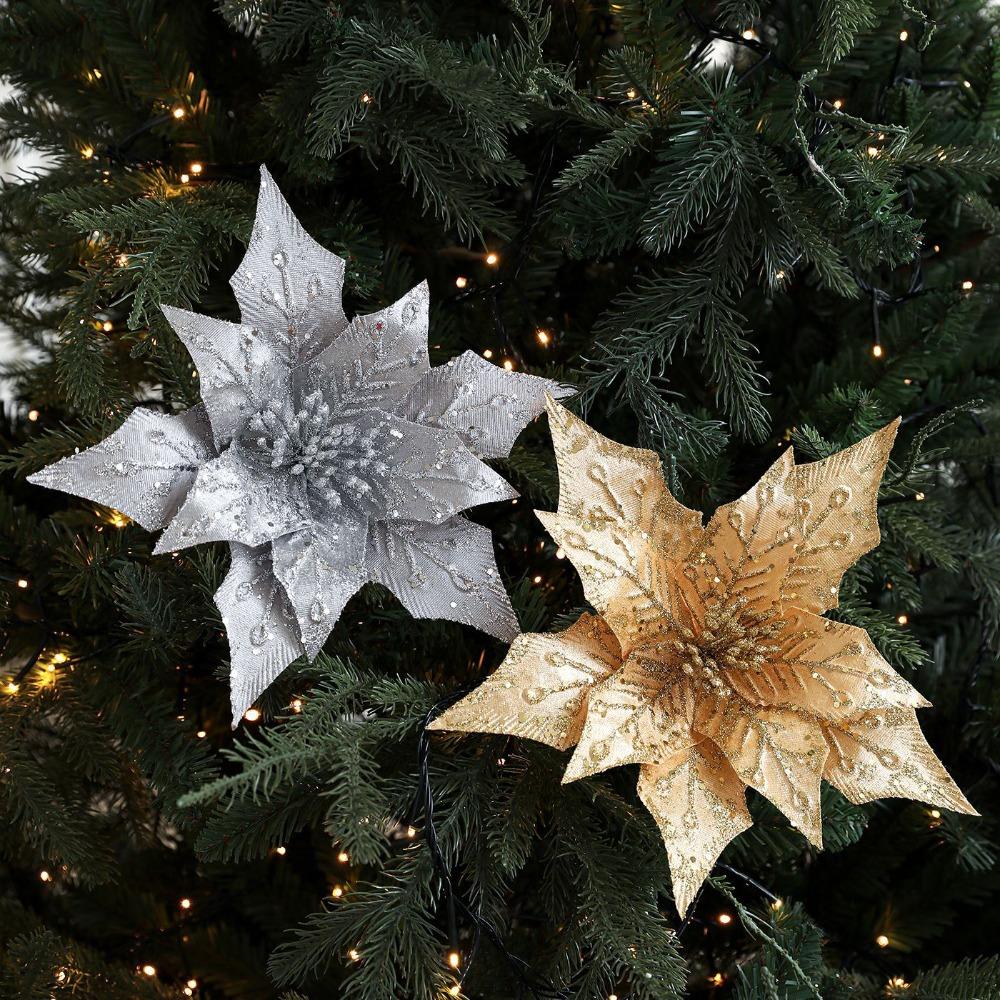 Fabric Christmas Glitter Flower 29 CM Christmas Tree Decorative Flowers Xmas