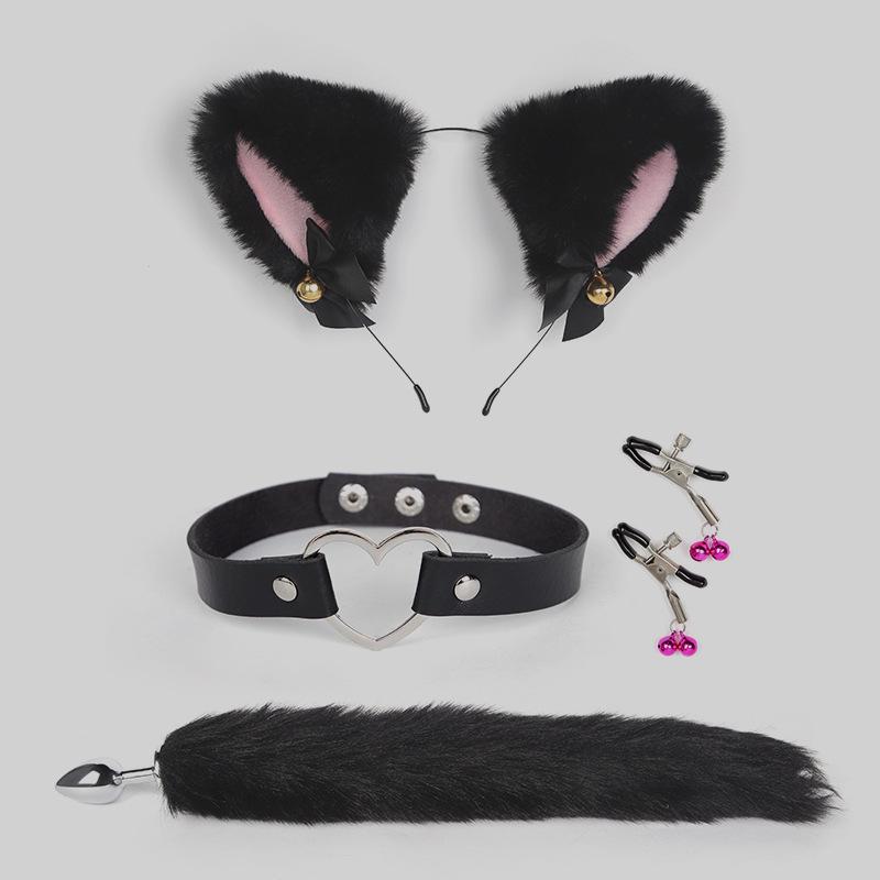 Bondage Katzenanzug mit Schwanz Analplug, Halsband & Knebel