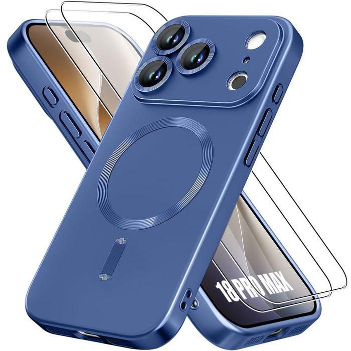 Coque pour iPhone 18 Pro Max, Silicone avec Anneau Magnétique - Bleu Marine - 2 Verres Trempés