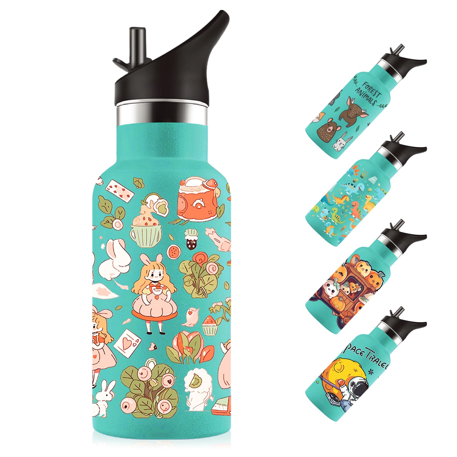 

350ml Water Bottle with Straw for Kids, Cute Illustration, Double-Walled Design, 304 Stainless Steel, Insulates Hot and Cold Drinks, Leak-Proof,