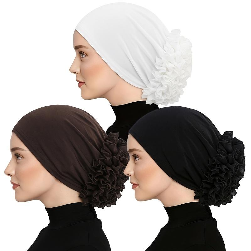 3Pcs Chiffon Floral Headscarf Hat, Hair Removal Cap, Ethnic Headwrap Black/White/Dark Brown