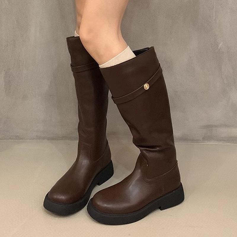 

Зимние женские высокие сапоги из кожи до колена, модная обувь 2025 года, новый бренд, классические готические гладиаторские мотоциклетные ботинки Botas De Mujer 35