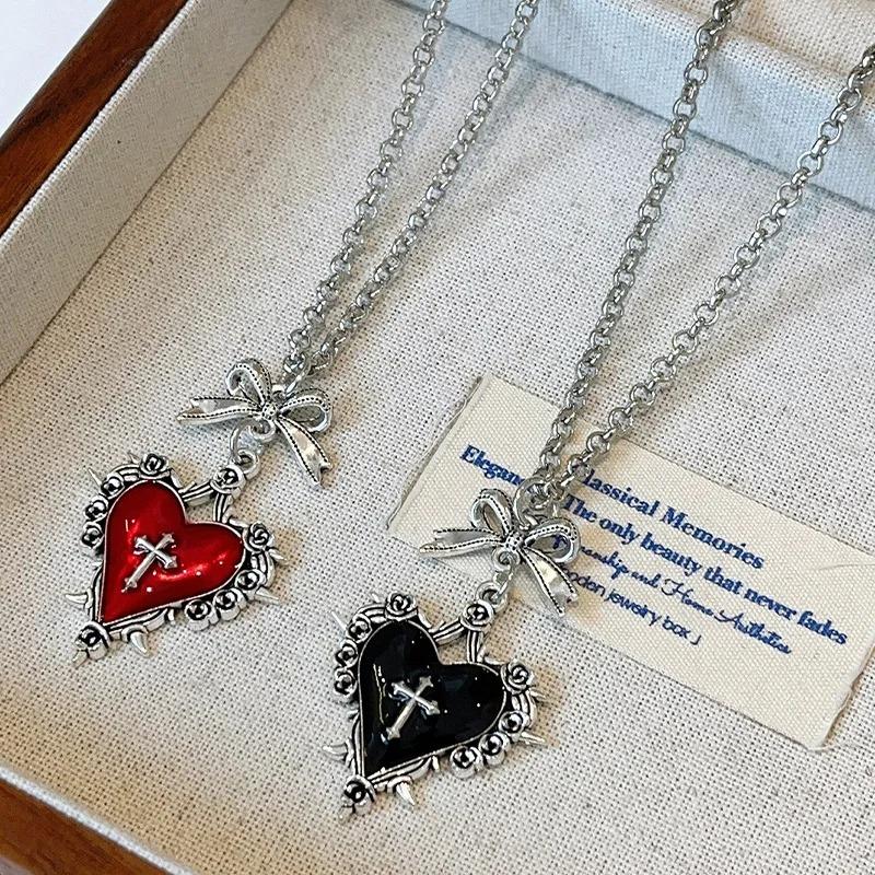 Fashion Bow Heart Pendant Necklace for Women Gothic Red Black Flower Thorn Cross Choker Chains Necklaces Party Charm Jewelry