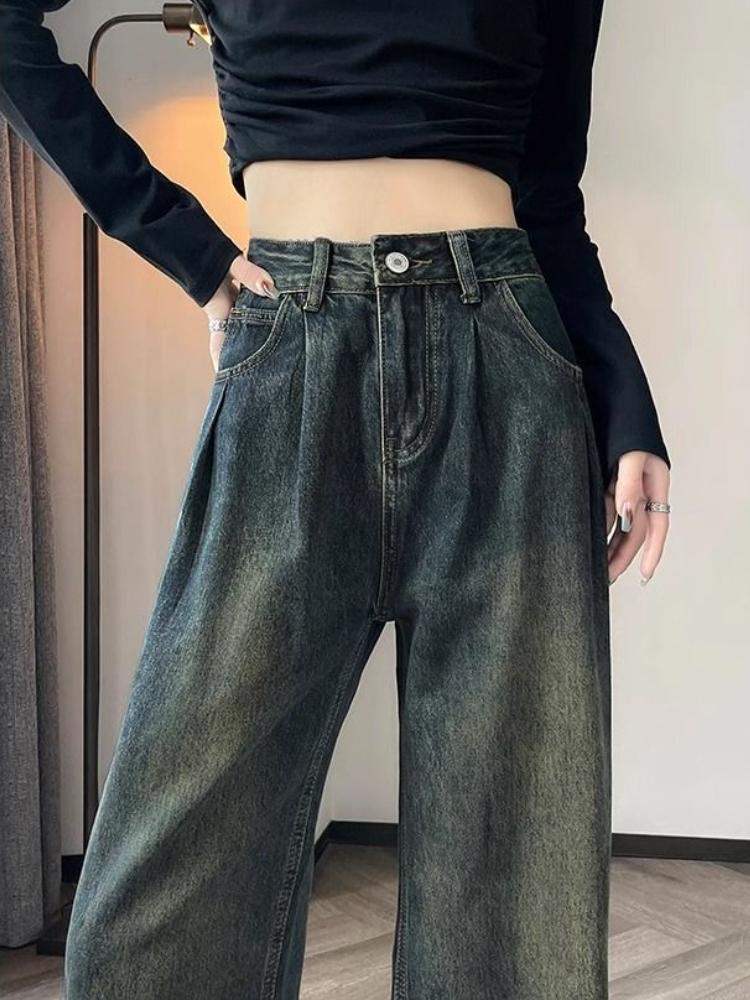 Women Vintage Straight Loose Drape Jeans 90s High Waist Elegant Wide Leg Mop Pants Korea Fashion Plus Size Casual Trousers Streetwear