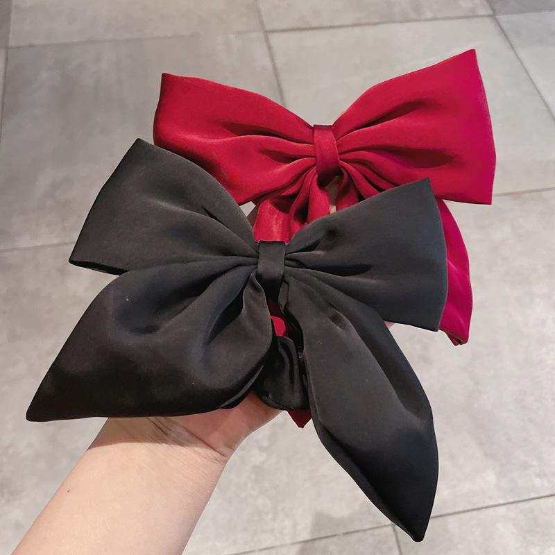 Vintage Red Large Satin Bow Elastic Hair Bands Ties for Women Girls Fashion Solid Rubber Bands Scrunchies Hair Accessories