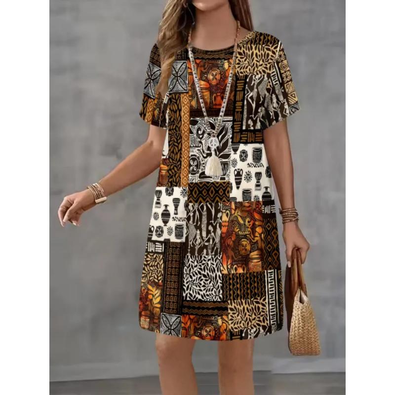 Patterns Women Mini Dresses Summer Short Sleeve Printed Plus Size Casual Comfortable Soft Dress