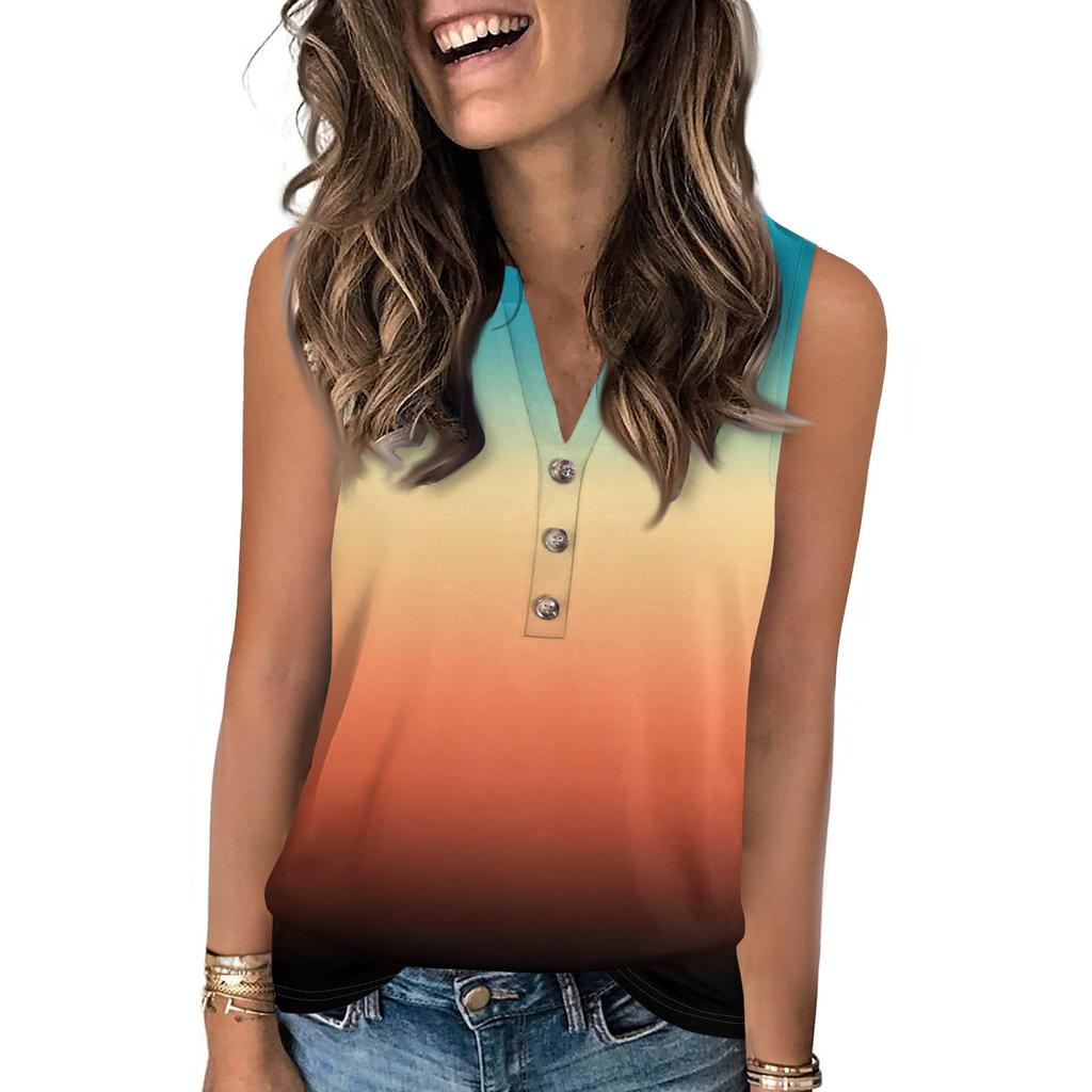 Women's Casual Fashion Summer Gradient Print Vest V-neck Sleeveless Button Top