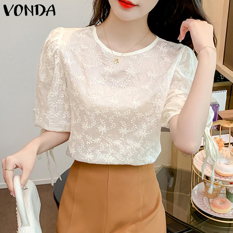 

VONDA Женская летняя свободная блузка с круглым вырезом и короткими рукавами, однотонная свободная блузка с вышитым ремешком