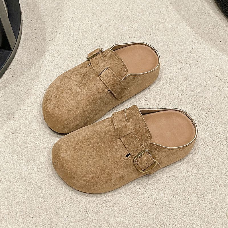 Half tray femininity autumn round head Birkenstocks versatile ugly cute bag head half slippers  casual one pedal