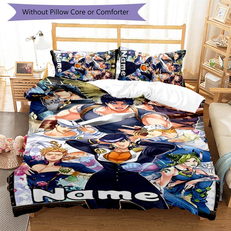 3pcs Custom Name Cartoon JoJo's Bizarre Adventure Bedding Set Duvet Cover Closure Includes 1 Duvet Cover & 2 Pillowcases for All Seasons Bedroom Decor