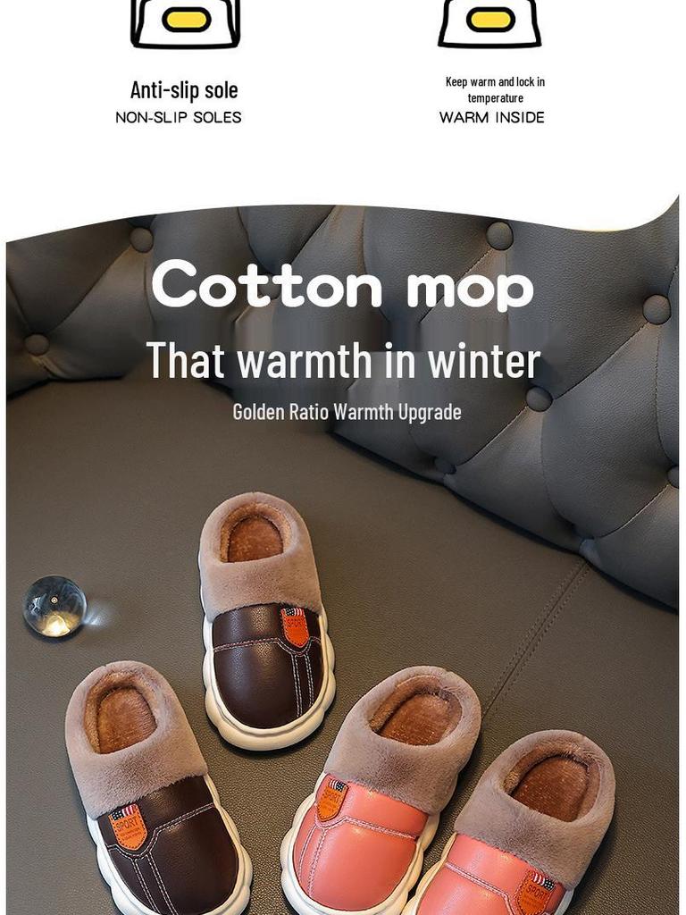 Children's Non-Slip Waterproof Slippers - Soft Cotton, PU Leather, Velvet-Lined for Parents & Kids, Winter Warm