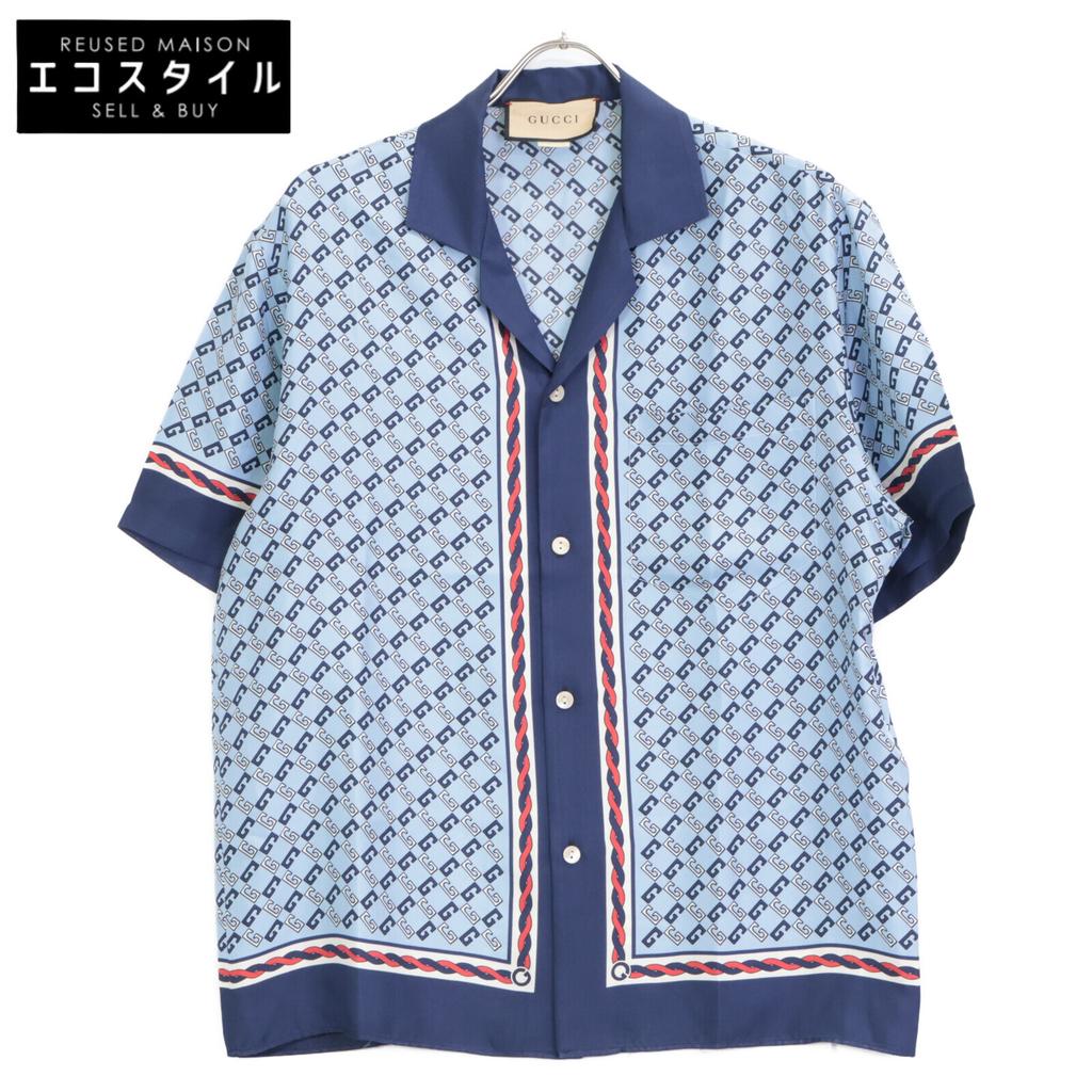 GUCCI 690464 22Stainless Steel 690464 ZAIZX Geometric G Print Short Sleeve Bowling Shirt tops 48 blueUsed