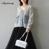 Korean Fashion Autumn Winter Women Patchwork Knitting Coat V Neck Denim Knitted Jacket Stylish Casual Loose Contrast Color Outerwear