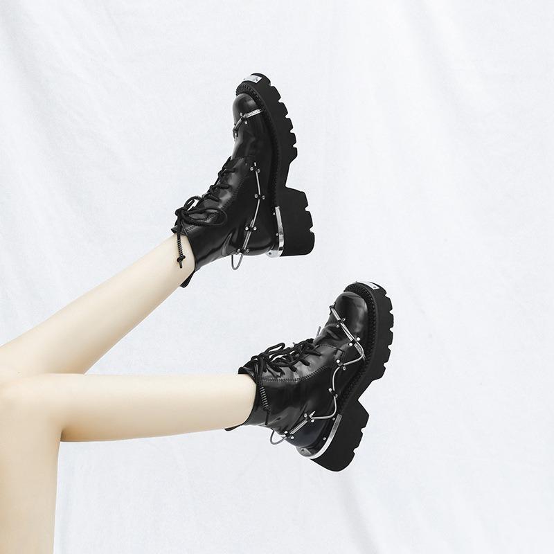 Niche metal decorative spring Martin boots women's thick-soled retro sweet cool short boots lace-up locomotive boots