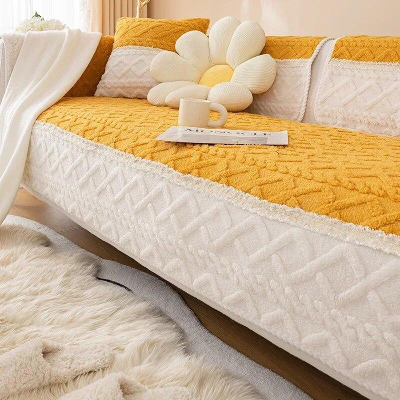 Nordic Color Matching New Sofa Cushion Winter Thick Plush Seat Cushion Modern Minimalist Anti Slip Sofa Cover