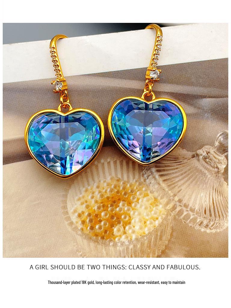 Ocean Blue Heart Crystal Earrings with Inlaid Diamonds & Luxury Ear Hooks