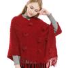 Damen Gestrickter Poncho Schal mit Kunstpelz Pompons, Strukturierte Quasten Umhang Wickel, Übergroßer Pullover Schal für Herbst Winter