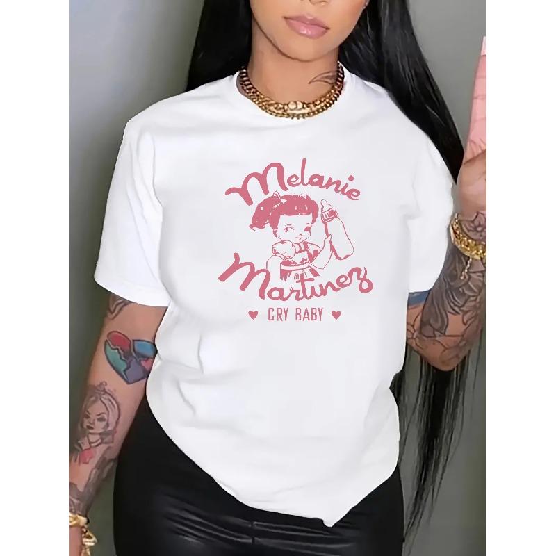 European Size Cartoon Print T-shirt, Short Sleeve Crew Neck Casual Top For Summer & Spring, Women's Clothing