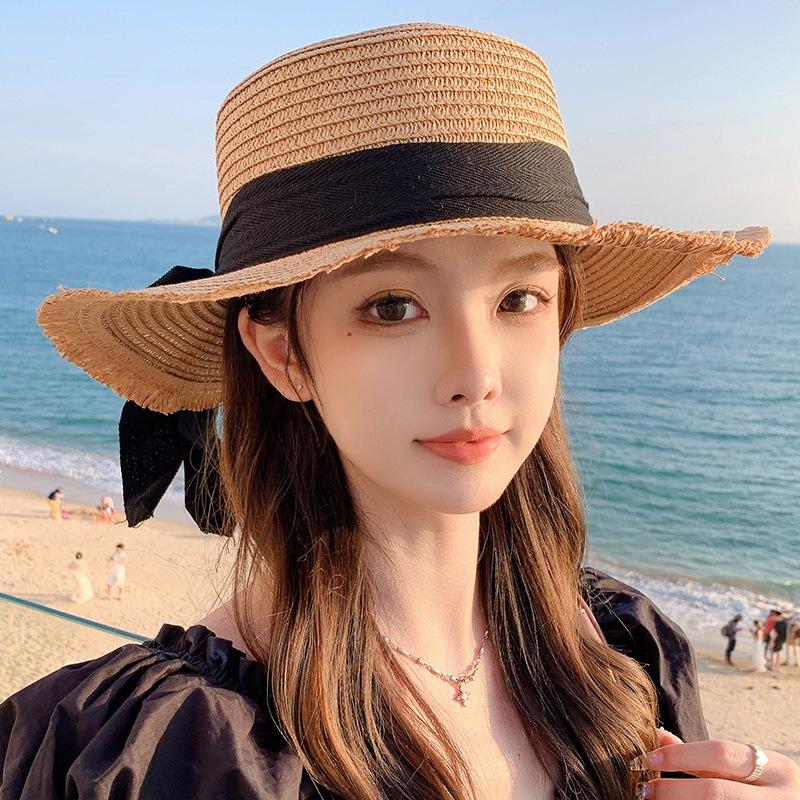 Summer Bow Sun Hat Female, Seaside Beach Vacation Sun Hat Outdoor Big Brim Sun Hat Sweet Straw Hat