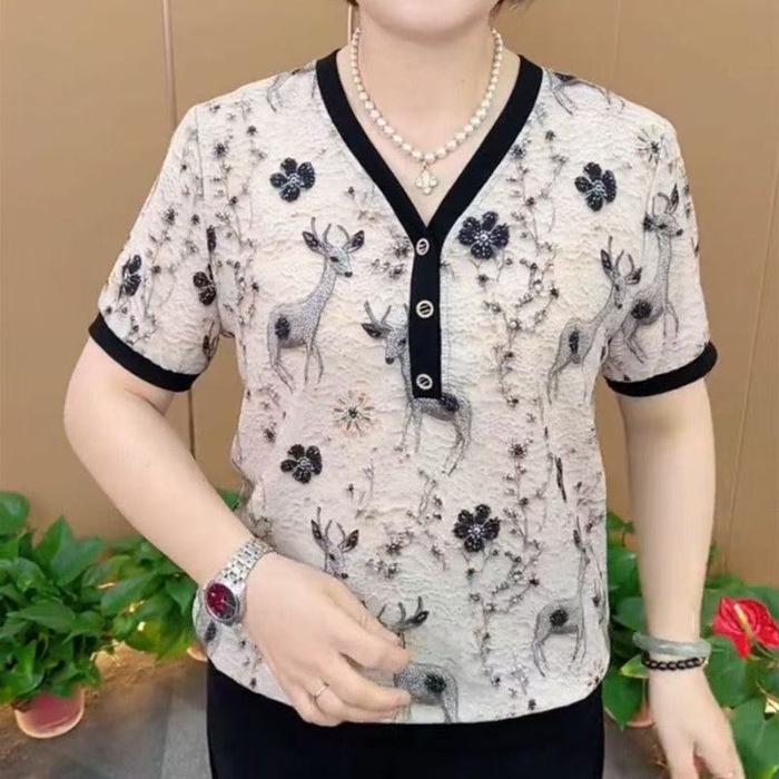 

Douyin Women s Short Sleeve Loose Shirt for Middle-Aged Moms L