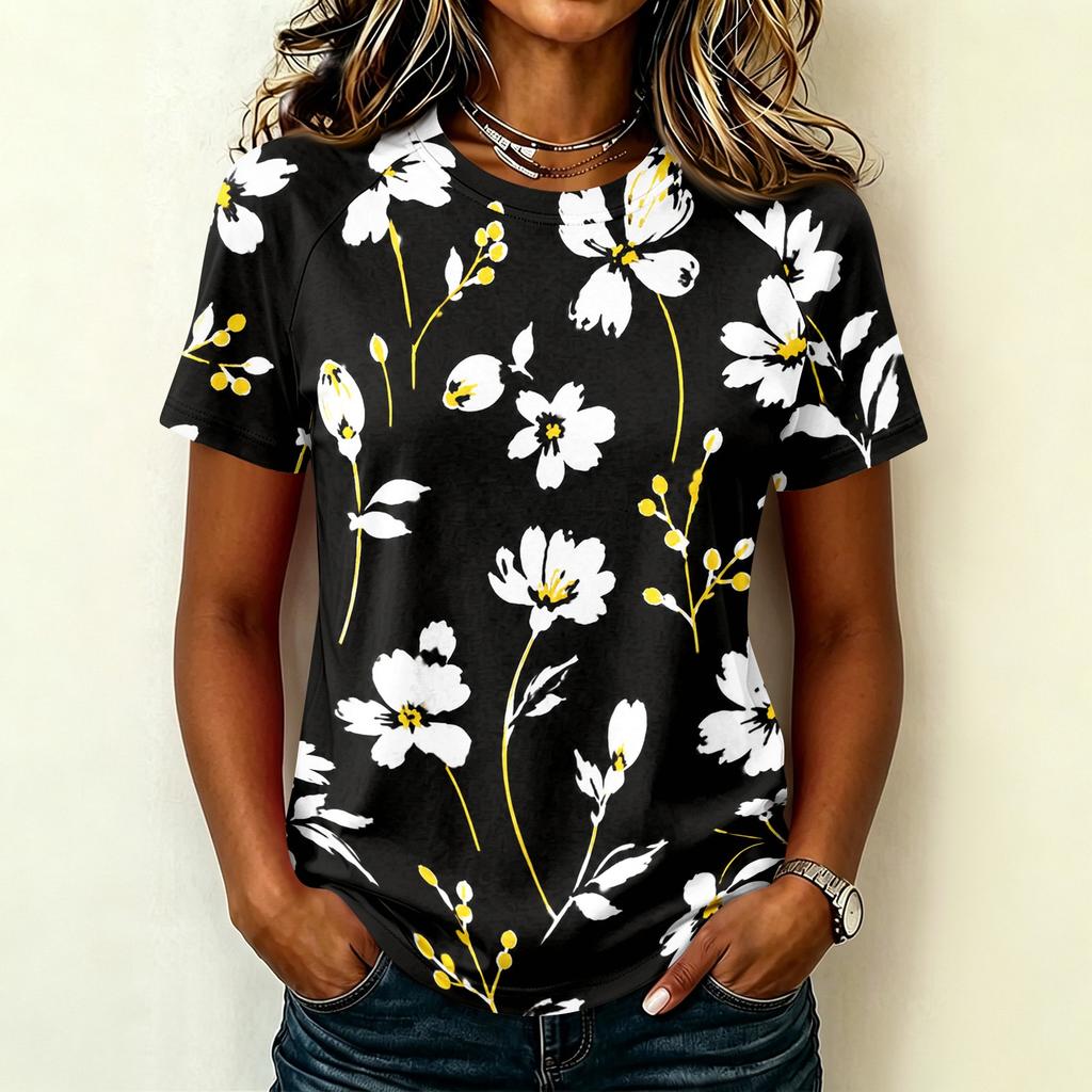 Womens Casual Raglan Sleeve Crew Neck Short Sleeve Top Floral Print Lightweight Comfortable Fit