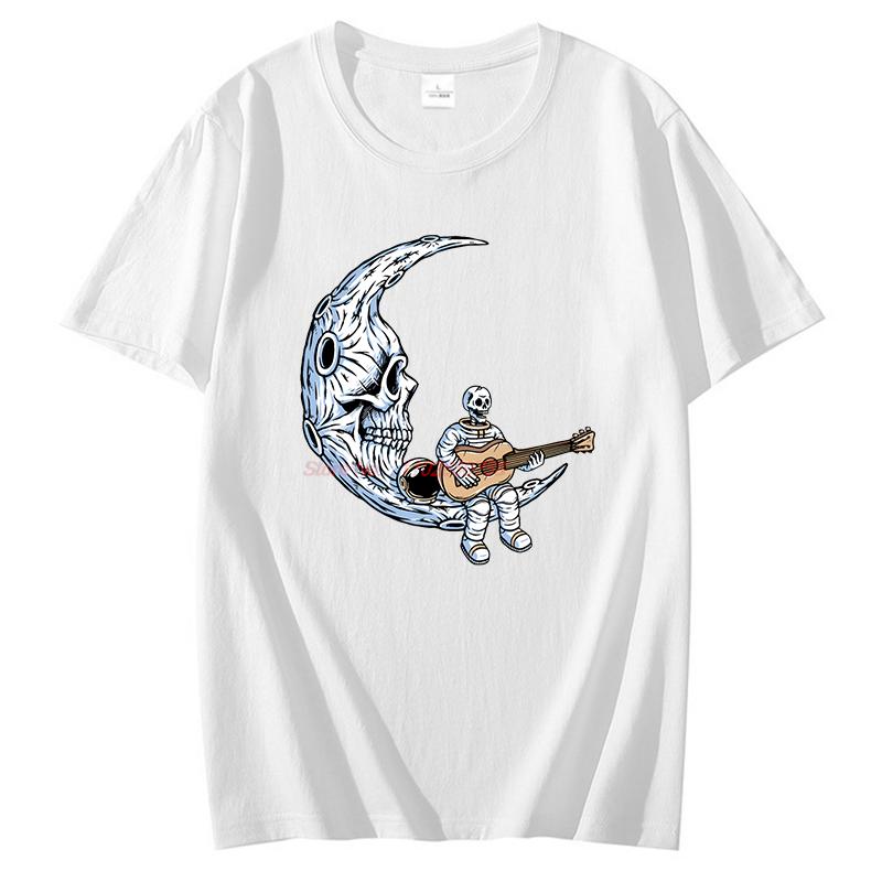 Skeleton Astronaut Guitar On Moon Funny Graphic T Shirts Summer Tees Tops Cotton Short Sleeve Tee Unisex Streetwear T Shirt