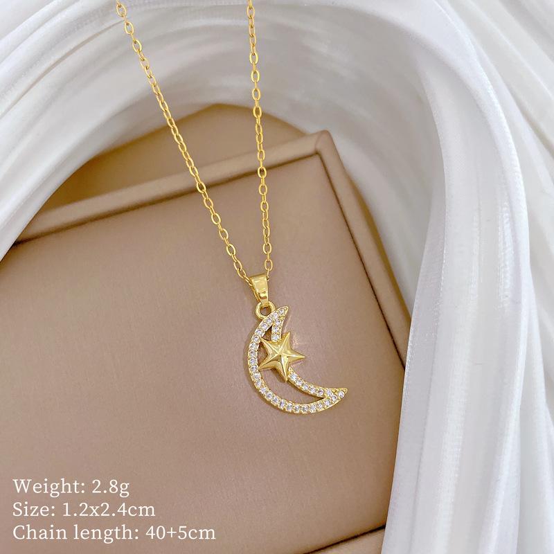 Titanium Steel Star Moon Full Diamond Light Luxury Temperament Gorgeous Full Diamond Necklace Female Versatile Collarbone Chain Titanium Steel Chain