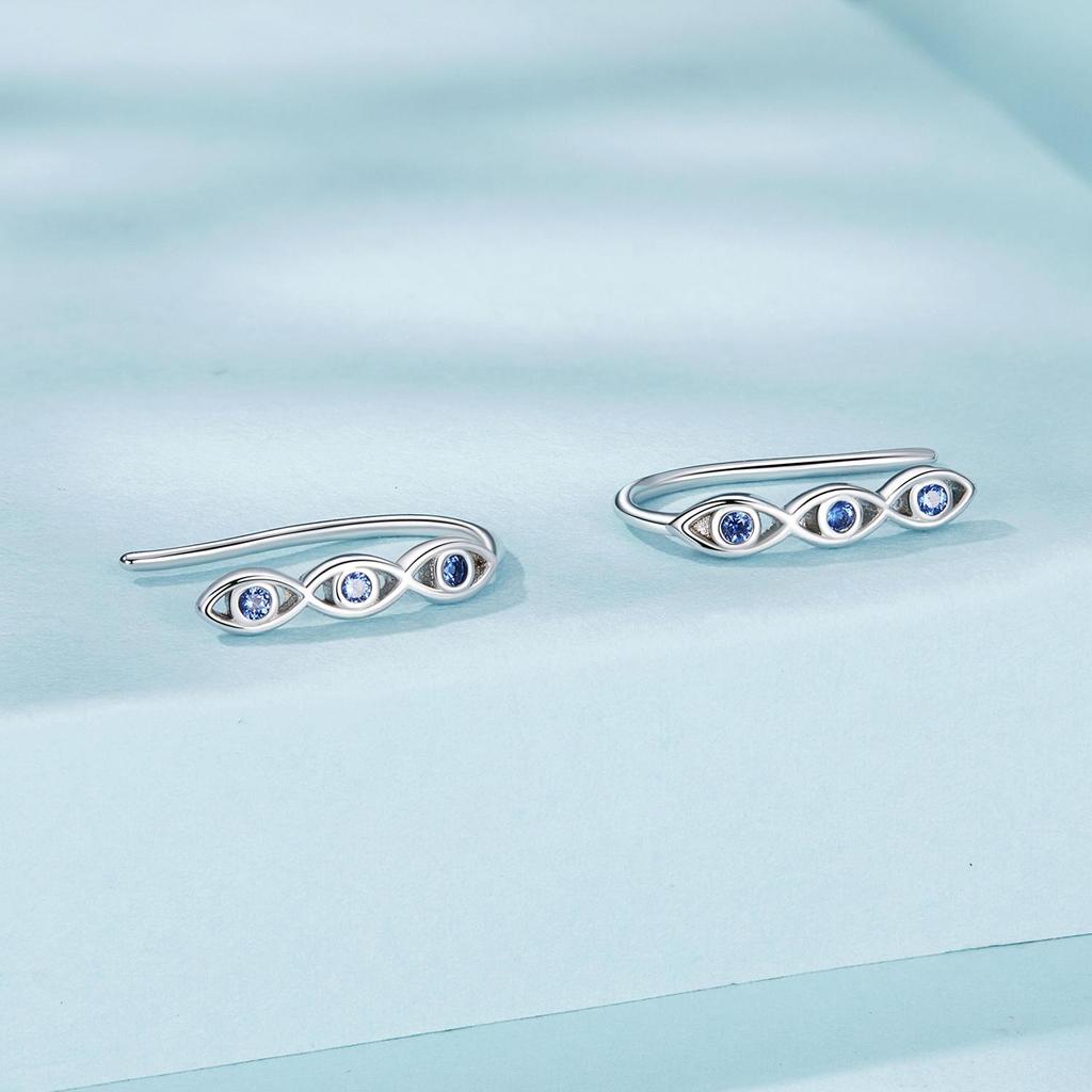 Three Devil's Eye Hook Earrings Blue Zircon 925 Sterling Silver Lucky Earrings Cuffs