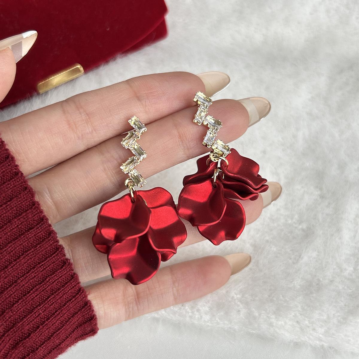 Red French Retro Angora Silver Needle Earrings - Elegant High-End Women s Fashion