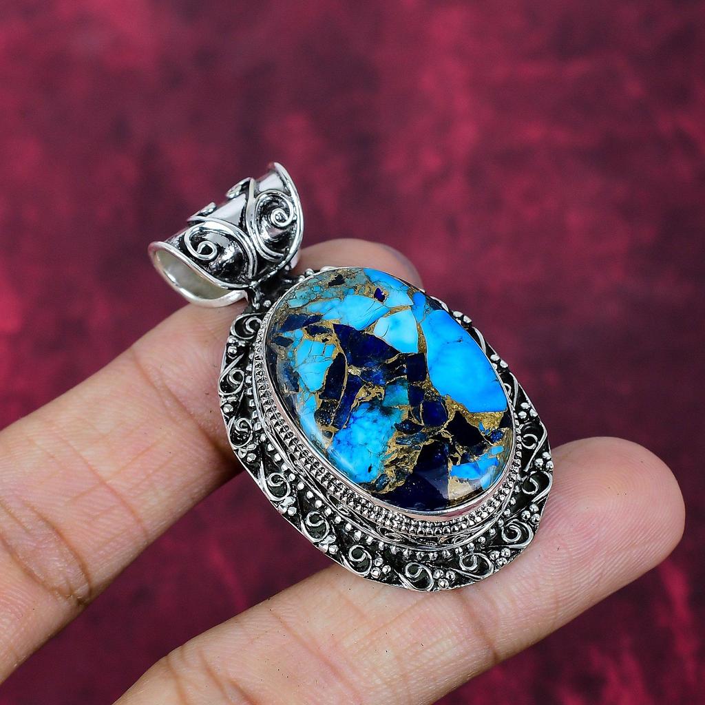 Copper Lapis Turquoise Handmade Gemstone Pendant, 925 Solid Sterling Silver Pendant Antique Jewelry, Love Forever Gift