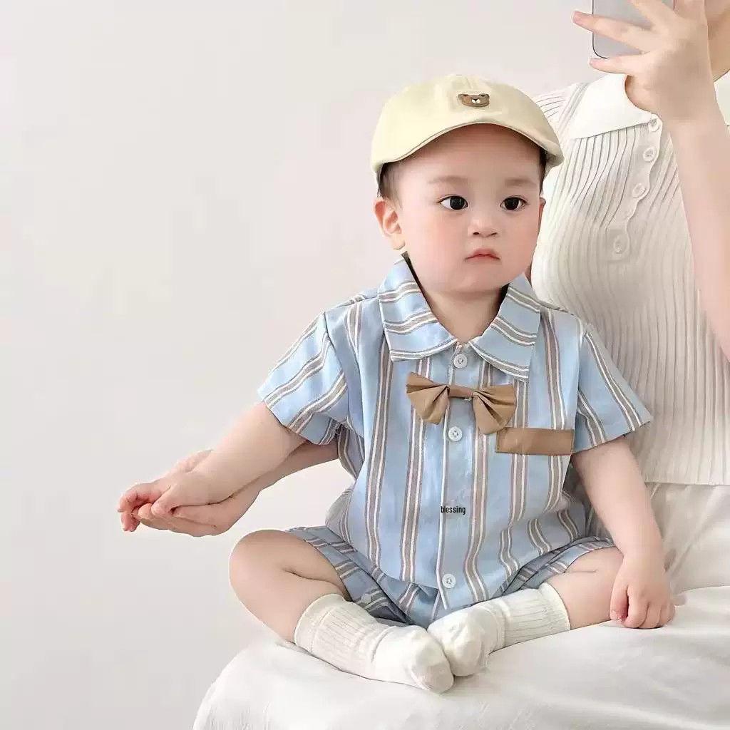 2025 College Style Retro Summer Romper - Short Sleeve Baby & Toddler Crawling Suit