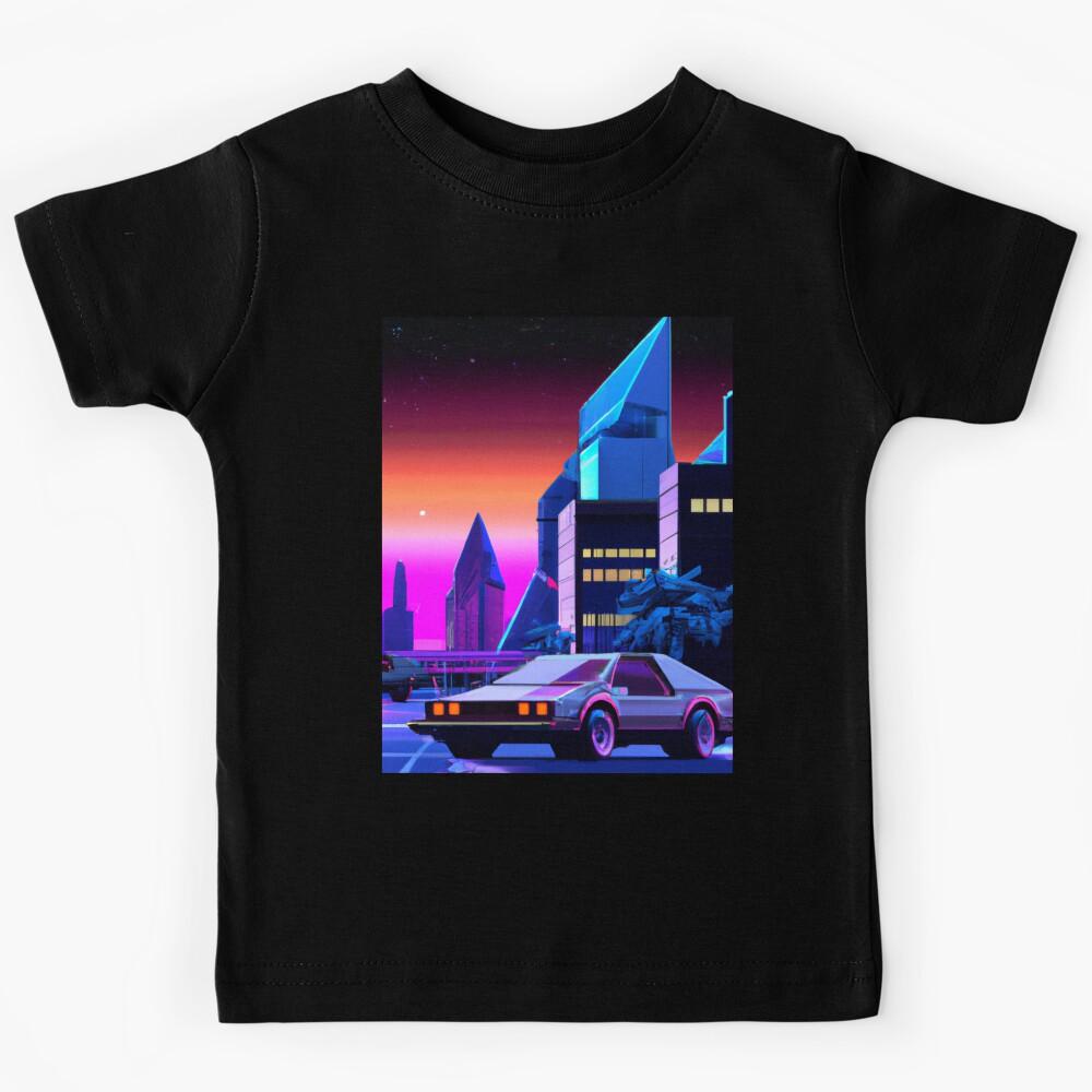 Retrofuturistic cyberpunk  car in synthwave city Kids T-Shirt 120