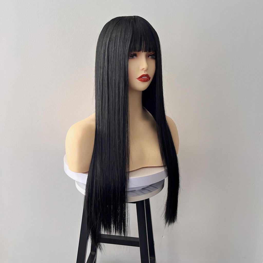 Universal Daily Style Black Long Straight Synthetic Wig with Bangs