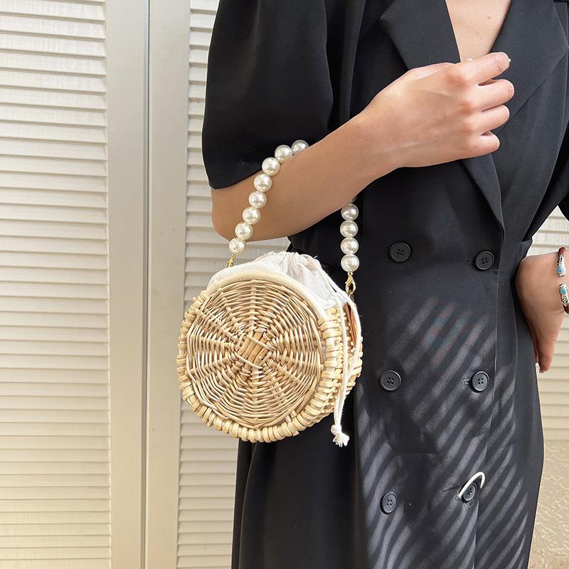Rattan Bag Female Summer Straw Bag Cute Pearl Chain Shoulder Bag Braided Small Round Bag