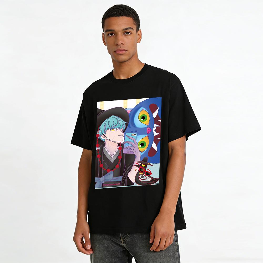 Japanese Dark Style Monster Boy Print T-shirt Cool Anime Loose Casual Unisex Top Pure cotton T-shirt