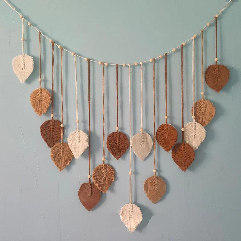 Boho bytové dekorace, makramé tapiserie makramé list peří nástěnná dekorace do obývacího pokoje ložnice, boho nástěnné umění bytové dekorace