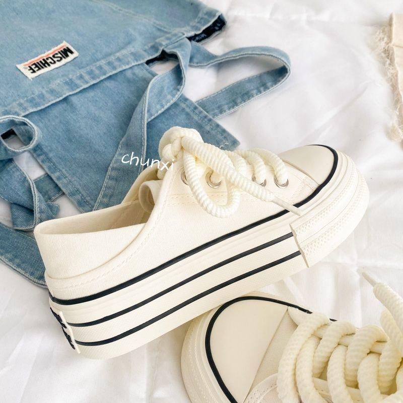 Milk white two wear platform canvas shoes women's new chic versatile niche design one pedal light white shoes