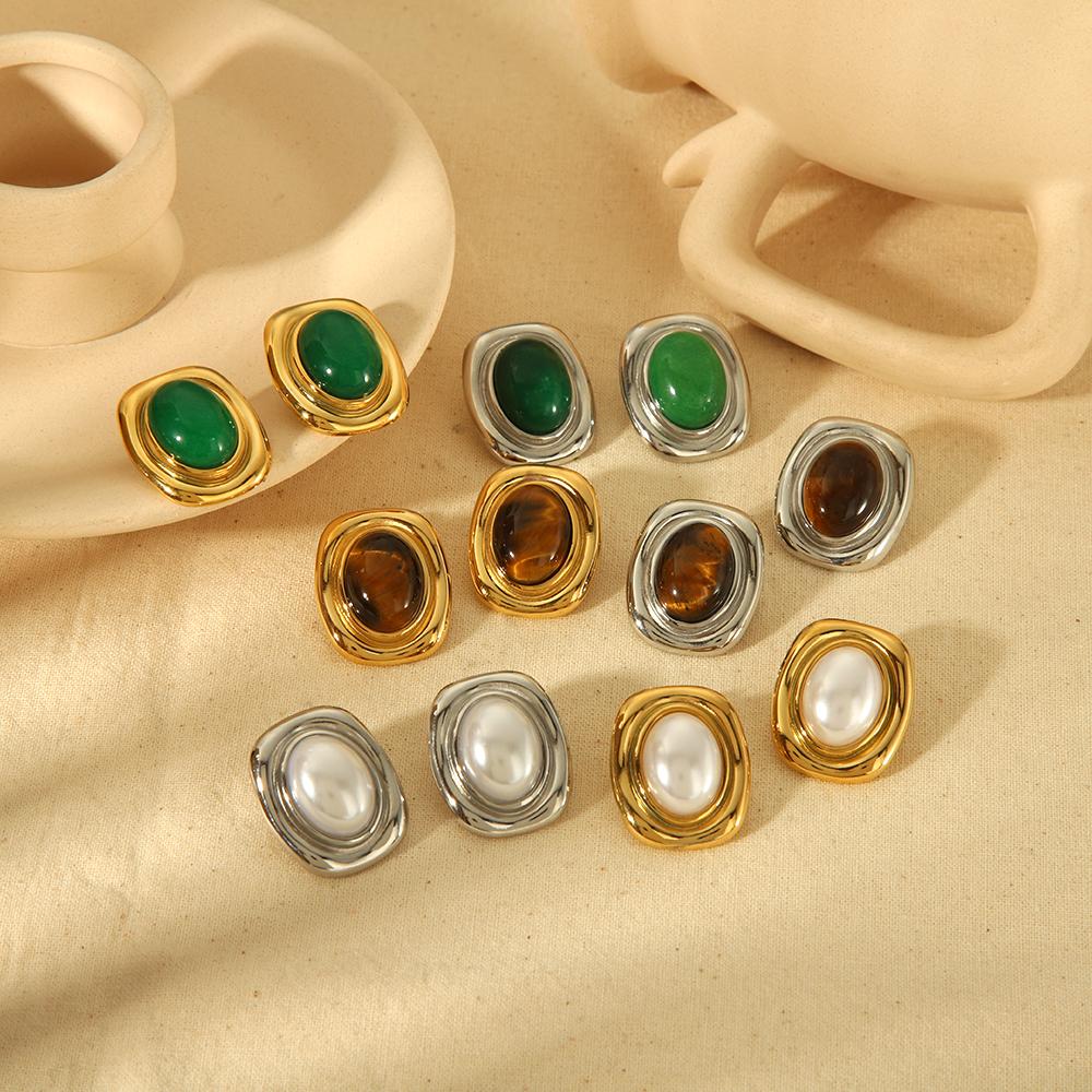 Nouveaux Produits Déclaration Pierre Naturelle Boucles d'Oreilles Œil de Tigre Imperméables Acier Inoxydable Plaqué Or Boucles d'Oreilles Clous Perle pour Femmes