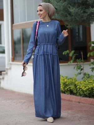 A1325 Arabian Washed Denim Long Dress with Drawstring Waist and Spliced Long Sleeves