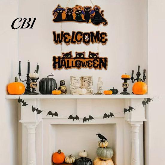 Elegant Natural Wood Sign Halloween Wooden Door Sign, Black Cats Broom Front Hanger, Rustic Hanging Welcome for Home Window Wall Party Decor