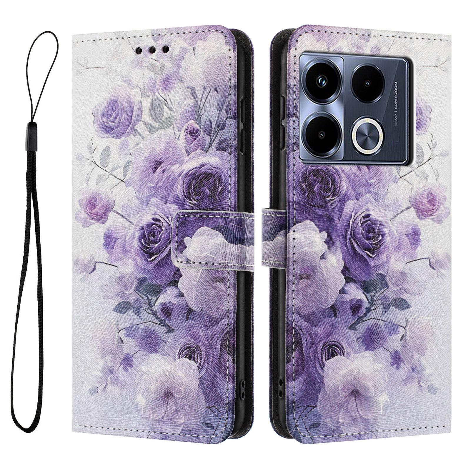 

YX-2501 Шкіряний чохол для Infinix Note 40 Pro+/Note 40 Pro 5G/4G з друком візерунка, гаманець, чохол для телефону зі шнурком Purple Rose