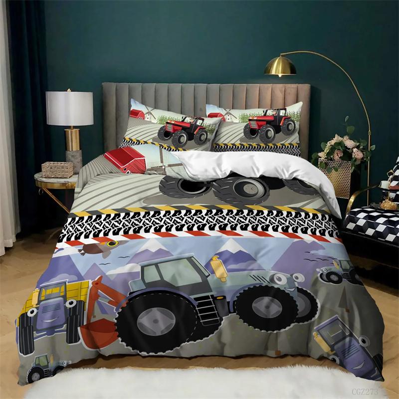 Kids Excavator Tractor Truck for Children Boys Girls Bedroom Decor Construction Vehicle Cartoon Duvet Cover Crane Quilt Cover