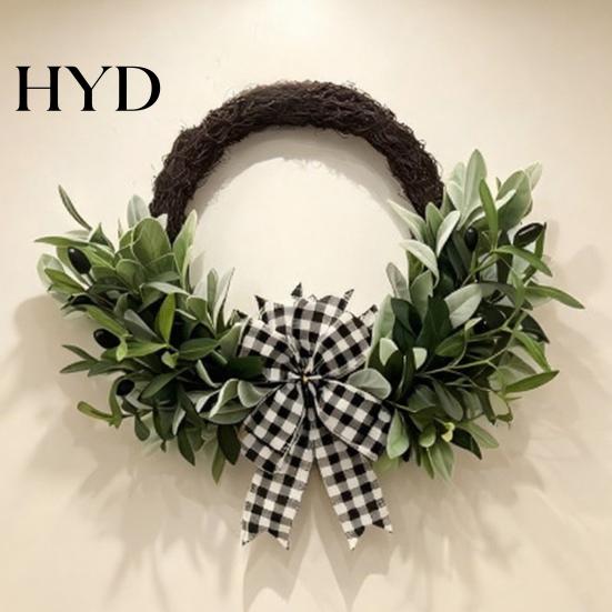 Hanging Door Wreath Artificial Lamb Ear Faux Greenery Leaves Rattan with Striped Year-round Decoration Bow Spring Farmhouse Decor for Front