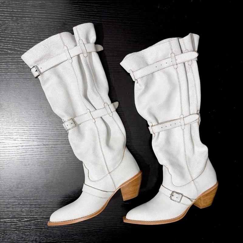 Fashion Vintage Pleated Belt Buckle Faux Suede Women Knee High Boots Autumn Winter Fashion High Heels Western Cowboy Knight Boots Shoes