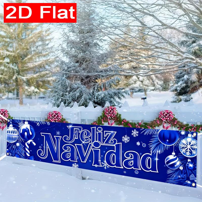 Spanish White Merry Christmas Christmas Yard Banner, Polyester Outdoor Fence Decor Garden Sign