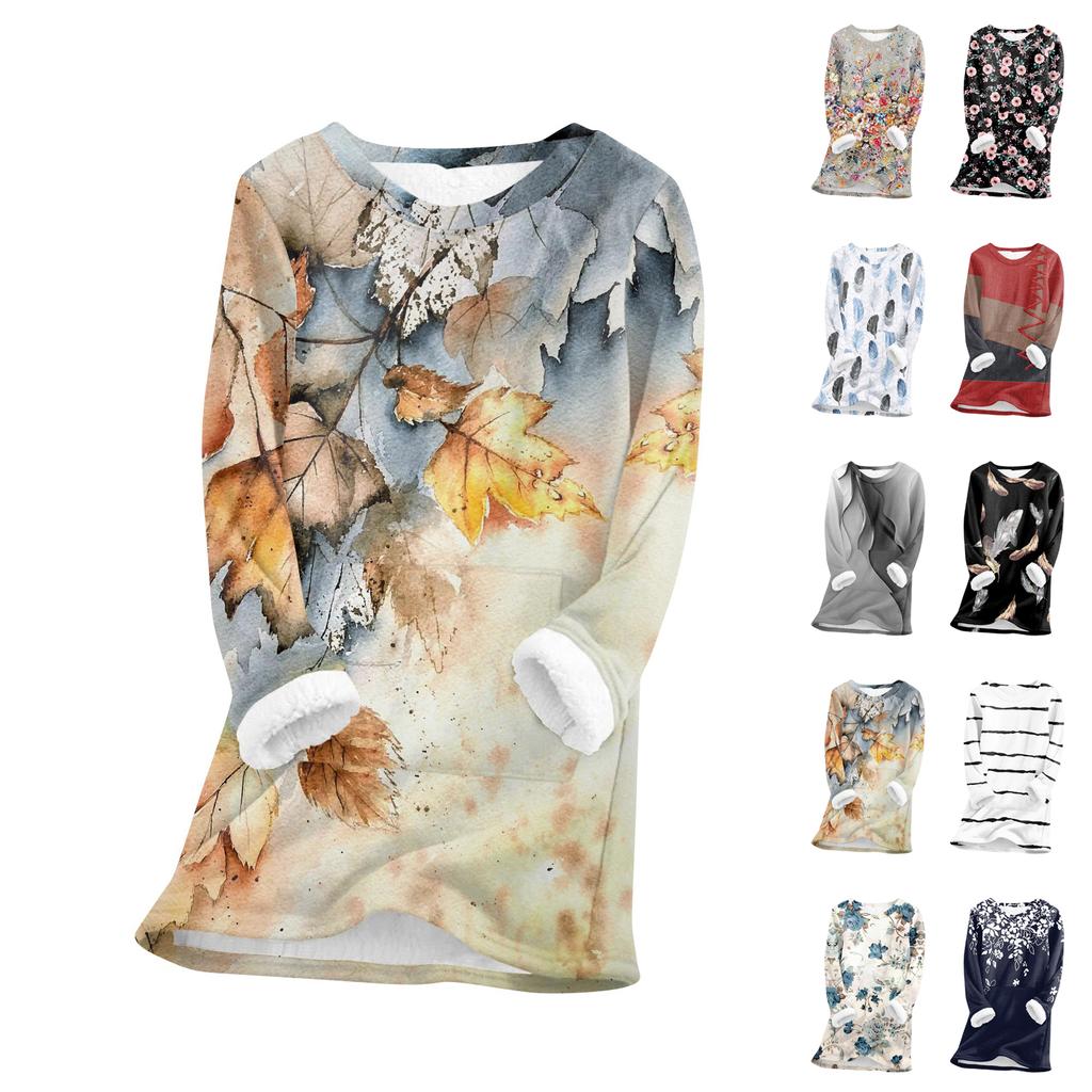 Women's Fashionable Printed Round Neck Long Sleeved Plush Warm Pullover Top