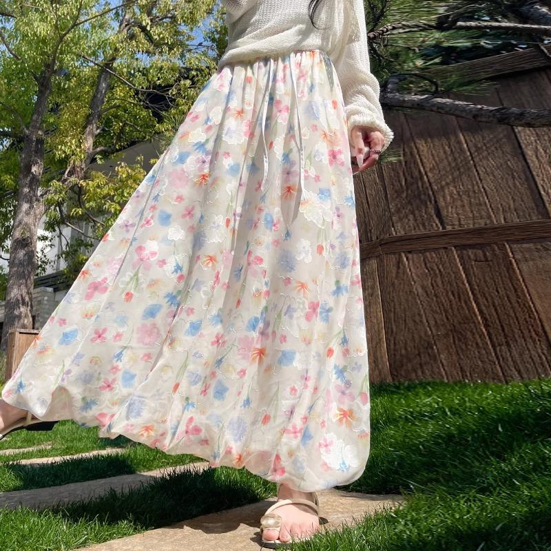 Colorful Puffy Flower Bud Skirt for Women In Summer Mid-length Floral Skirt Gentle Style High Waist Slim A-line Long Skirt