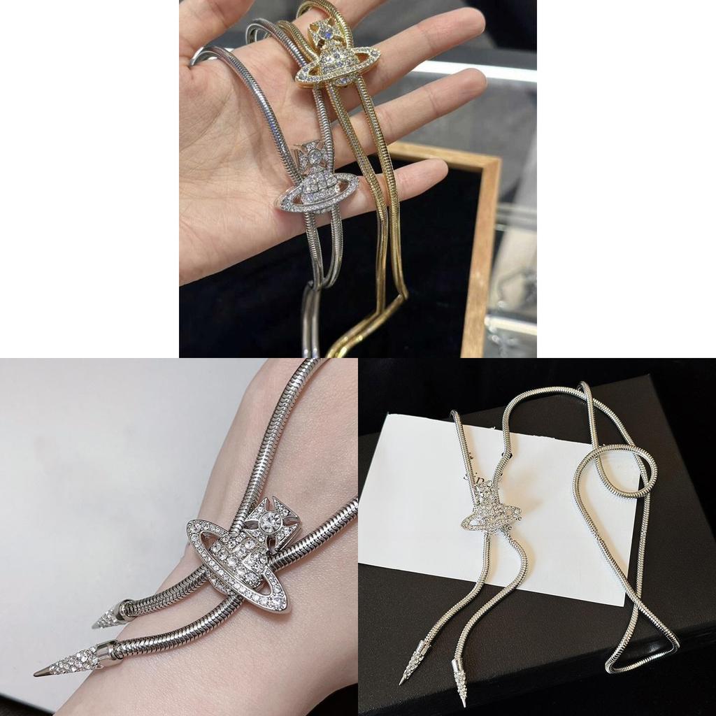 Saturn Pendant Necklace For Women With Rhinestone Accents And Adjustable Snake Chain