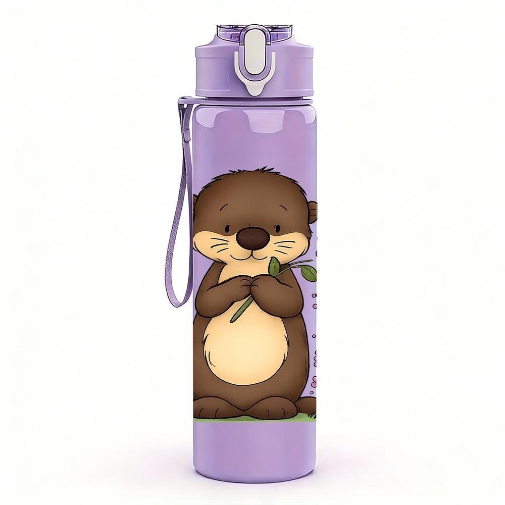 1PC Floral Brown Otter 750ml Color Plastic Sports Water Bottle Leakproof Flip Straw Lid Suitable for Sports Office Home Use