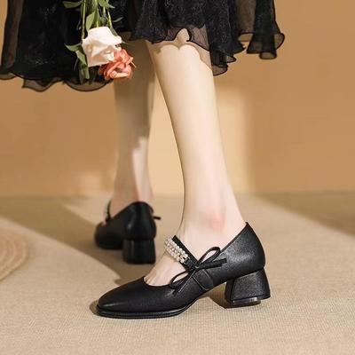Mary Jane High Heels Women'S Fashion Versatile Thick Medium Heel Square Head Soft Sole French Small Leather Shoes Women